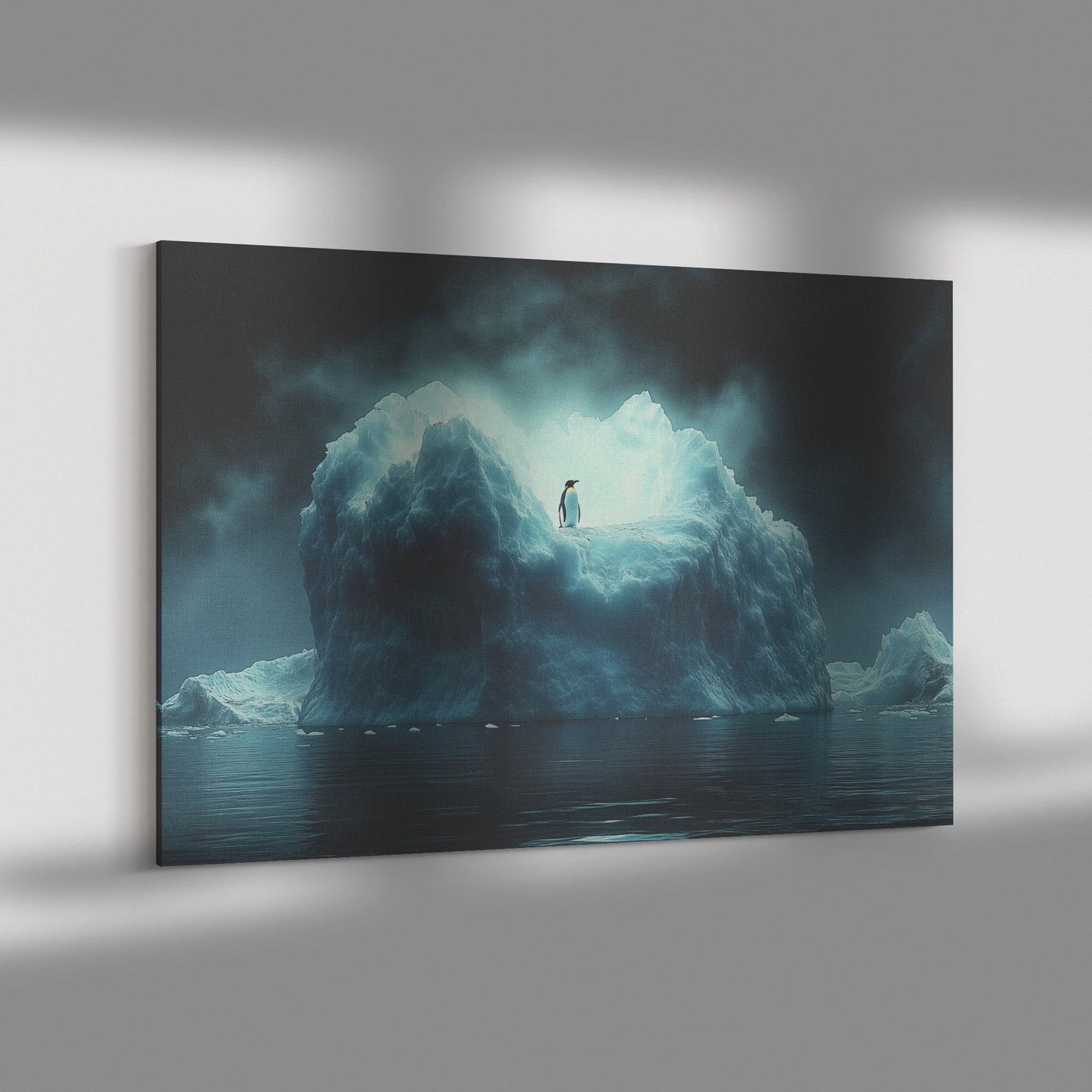 Lone Penguin on Glowing Blue Iceberg Surrounded by Crystal Clear Arctic Water Twilight Sky Canvas Wall Art Decor - Awakening Righteousness