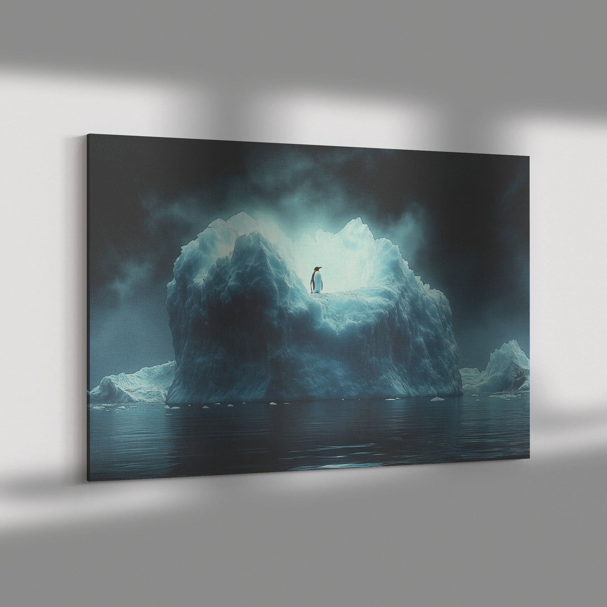 Lone Penguin on Glowing Blue Iceberg Surrounded by Crystal Clear Arctic Water Twilight Sky Canvas Wall Art Decor - Awakening Righteousness