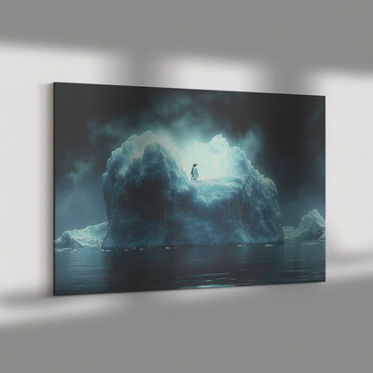 Lone Penguin on Glowing Blue Iceberg Surrounded by Crystal Clear Arctic Water Twilight Sky Canvas Wall Art Decor - Awakening Righteousness