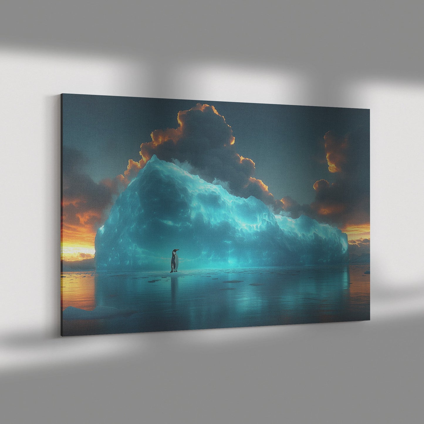 Lone Penguin on Glowing Blue Iceberg Surrounded by Crystal Clear Arctic Water Twilight Sky Canvas Wall Art Decor - Awakening Righteousness