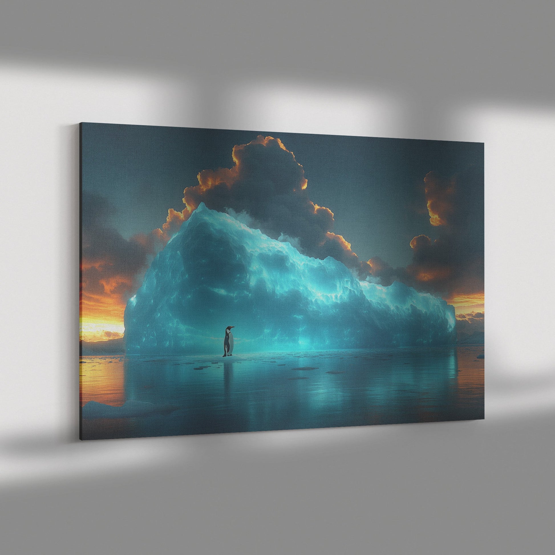 Lone Penguin on Glowing Blue Iceberg Surrounded by Crystal Clear Arctic Water Twilight Sky Canvas Wall Art Decor - Awakening Righteousness