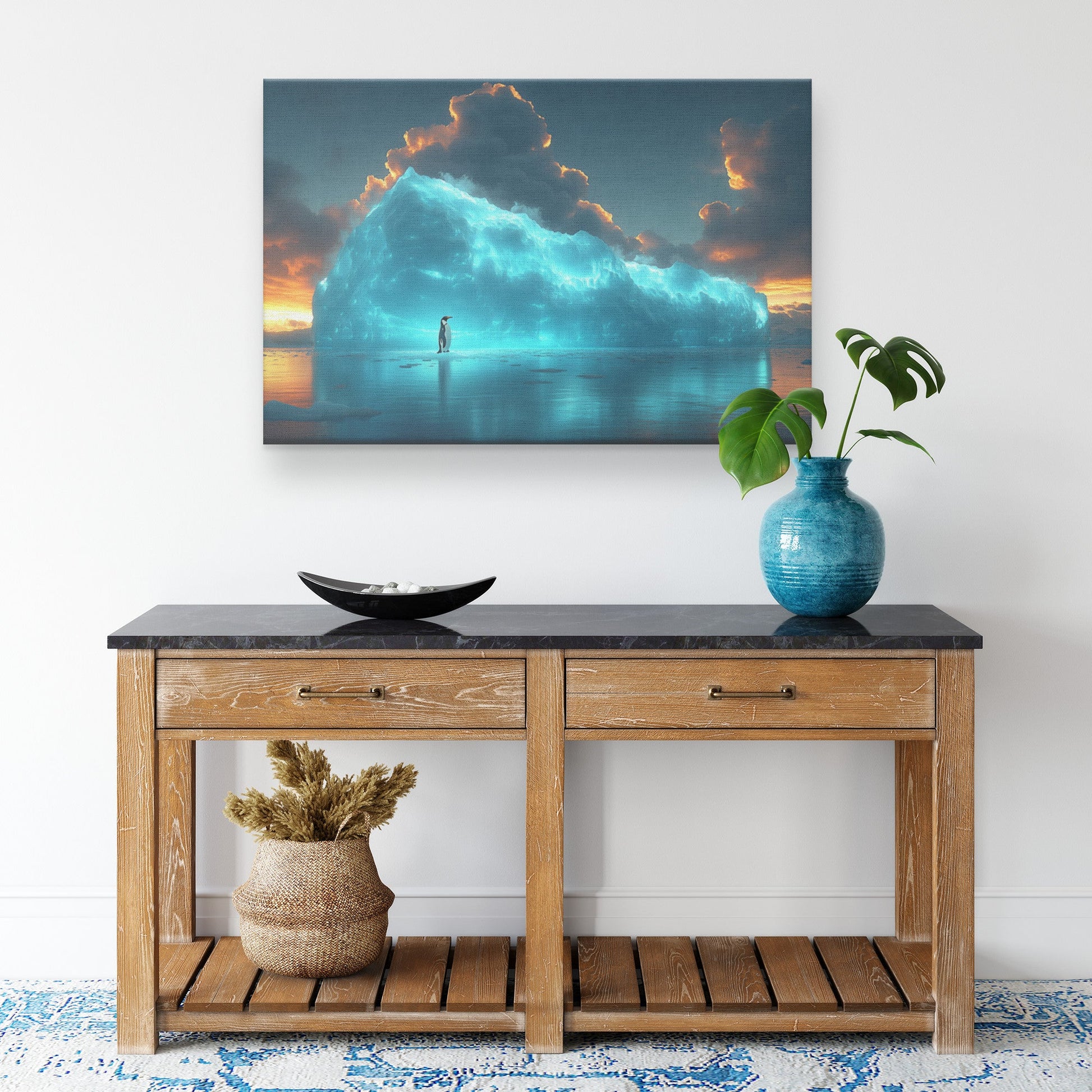Lone Penguin on Glowing Blue Iceberg Surrounded by Crystal Clear Arctic Water Twilight Sky Canvas Wall Art Decor - Awakening Righteousness