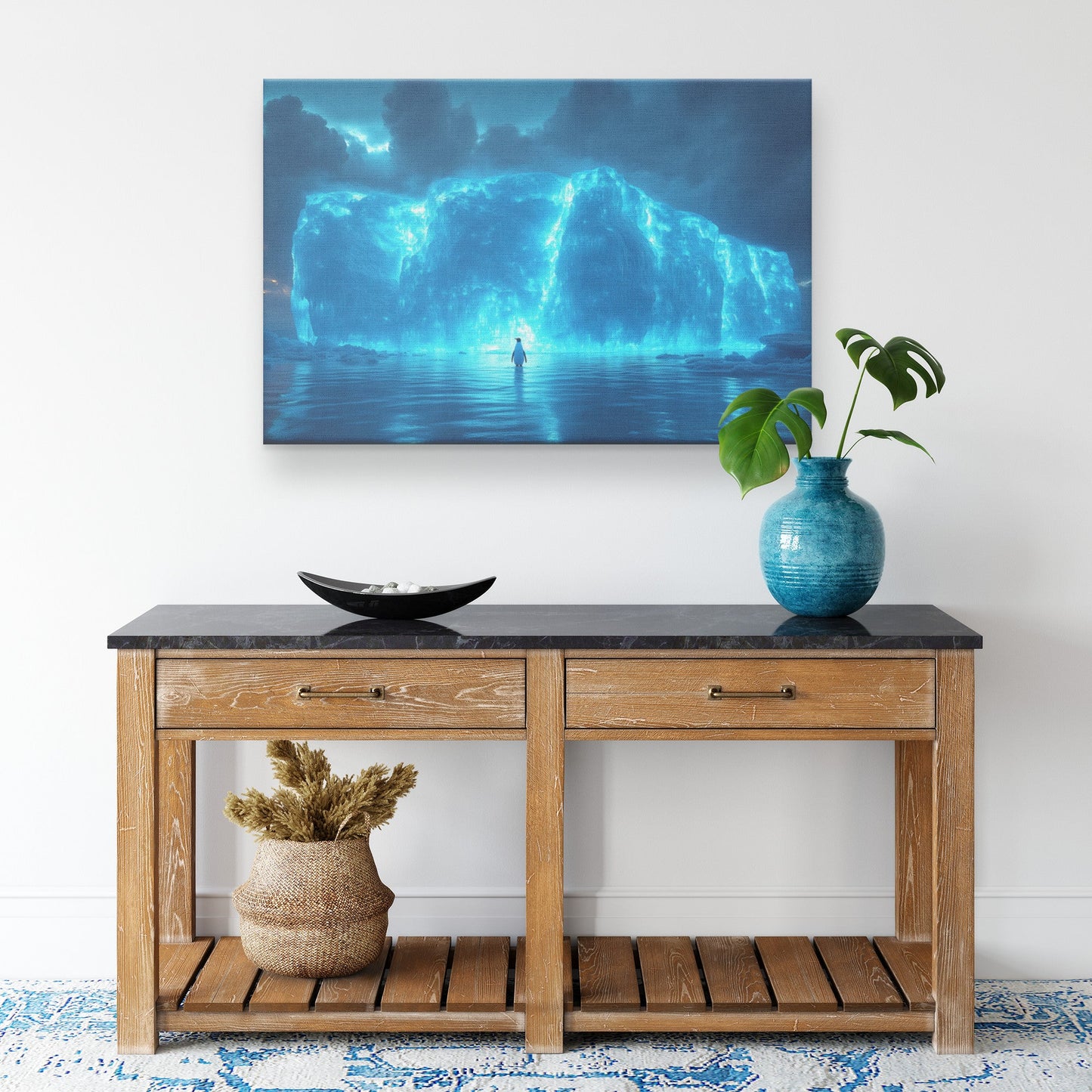 Lone Penguin on Glowing Blue Iceberg Surrounded by Crystal Clear Arctic Water Twilight Sky Canvas Wall Art Decor - Awakening Righteousness