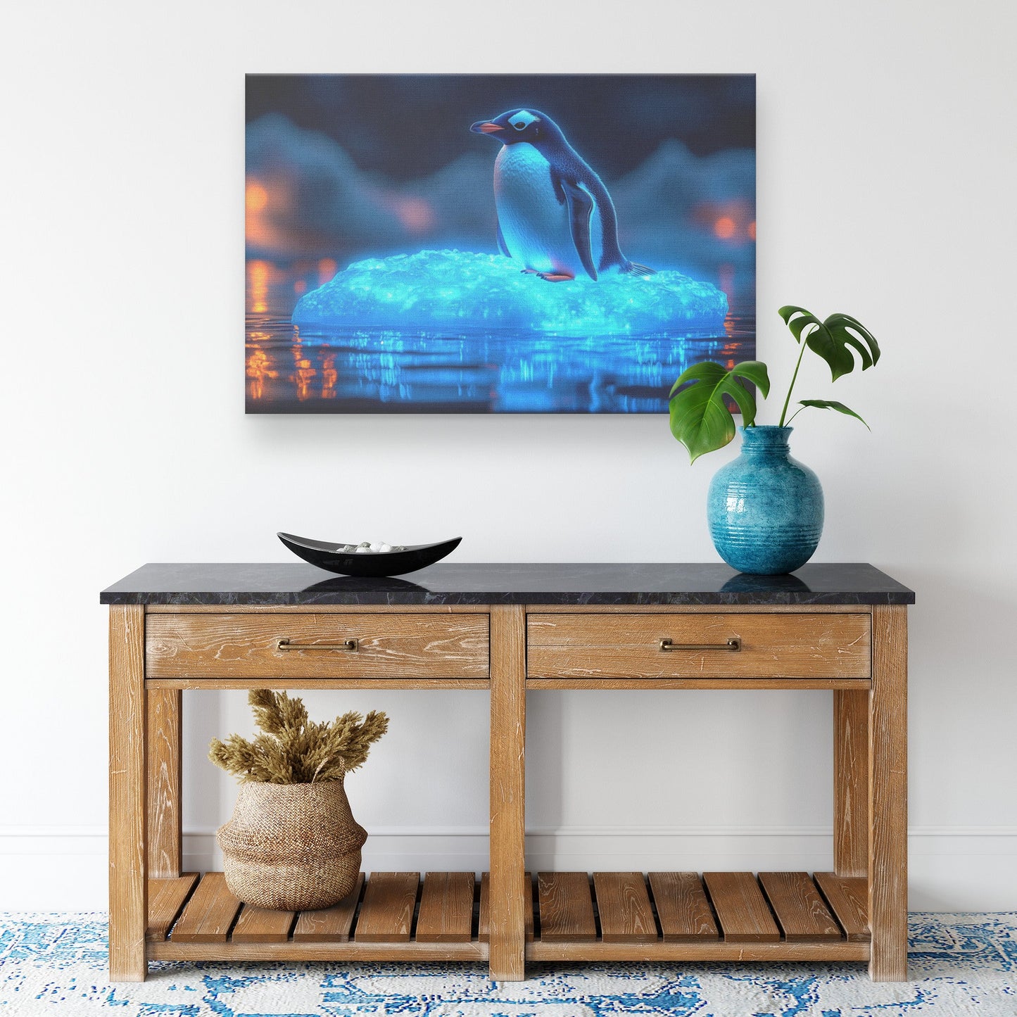 Lone Penguin on Glowing Blue Iceberg Surrounded by Crystal Clear Arctic Water Twilight Sky Canvas Wall Art Decor - Awakening Righteousness