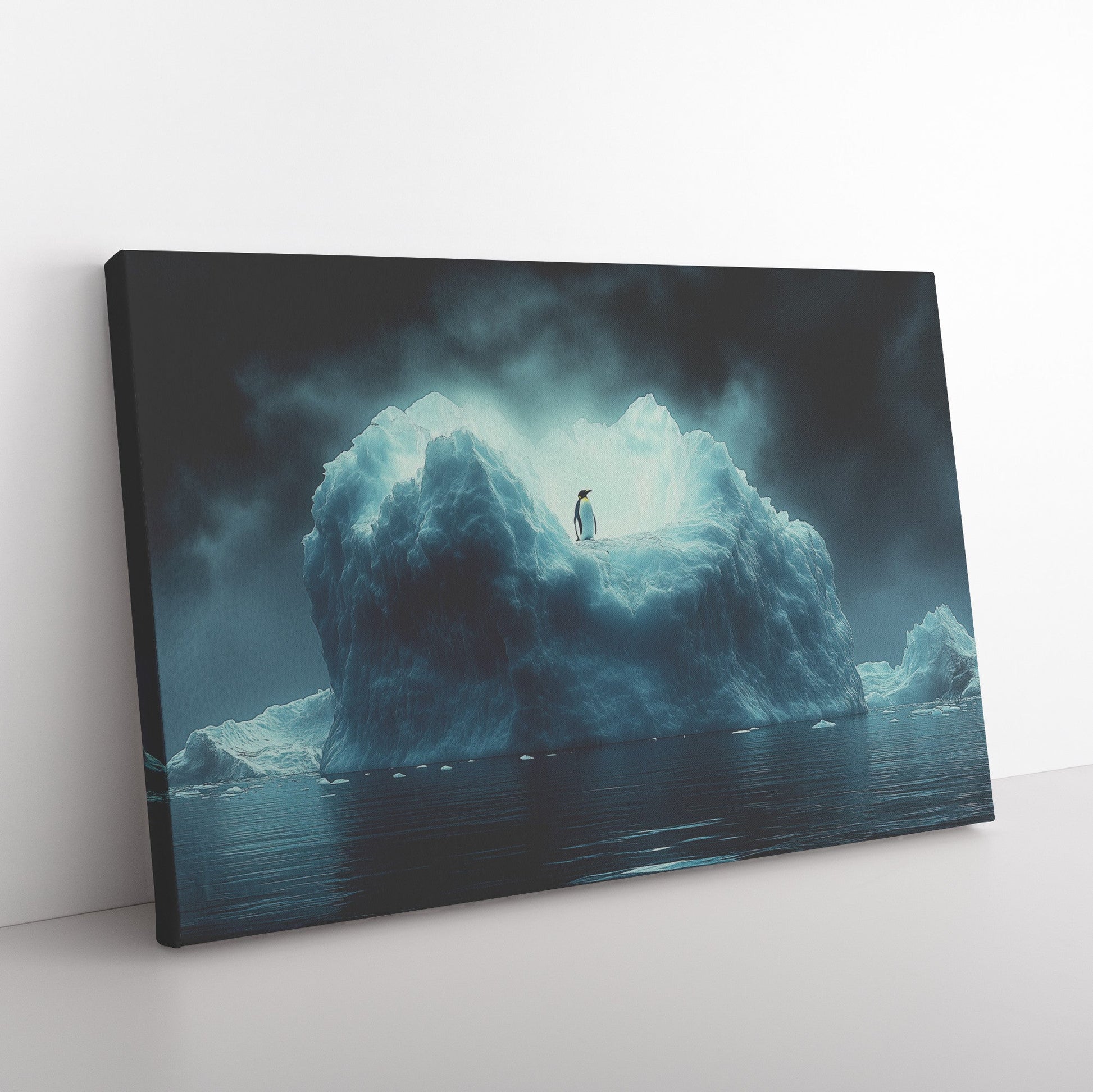 Lone Penguin on Glowing Blue Iceberg Surrounded by Crystal Clear Arctic Water Twilight Sky Canvas Wall Art Decor - Awakening Righteousness