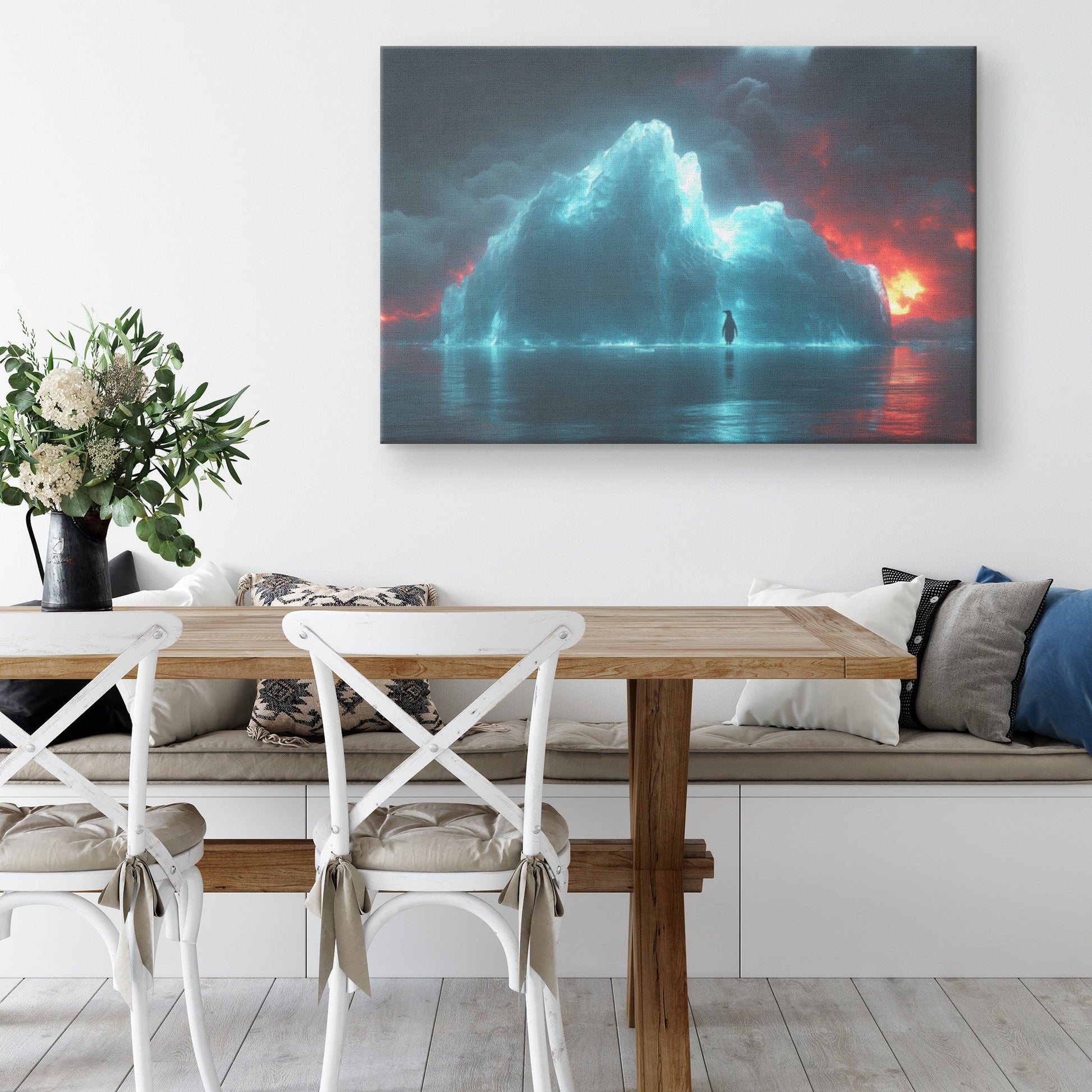 Lone Penguin on Glowing Blue Iceberg Surrounded by Crystal Clear Arctic Water Twilight Sky Canvas Wall Art Decor - Awakening Righteousness