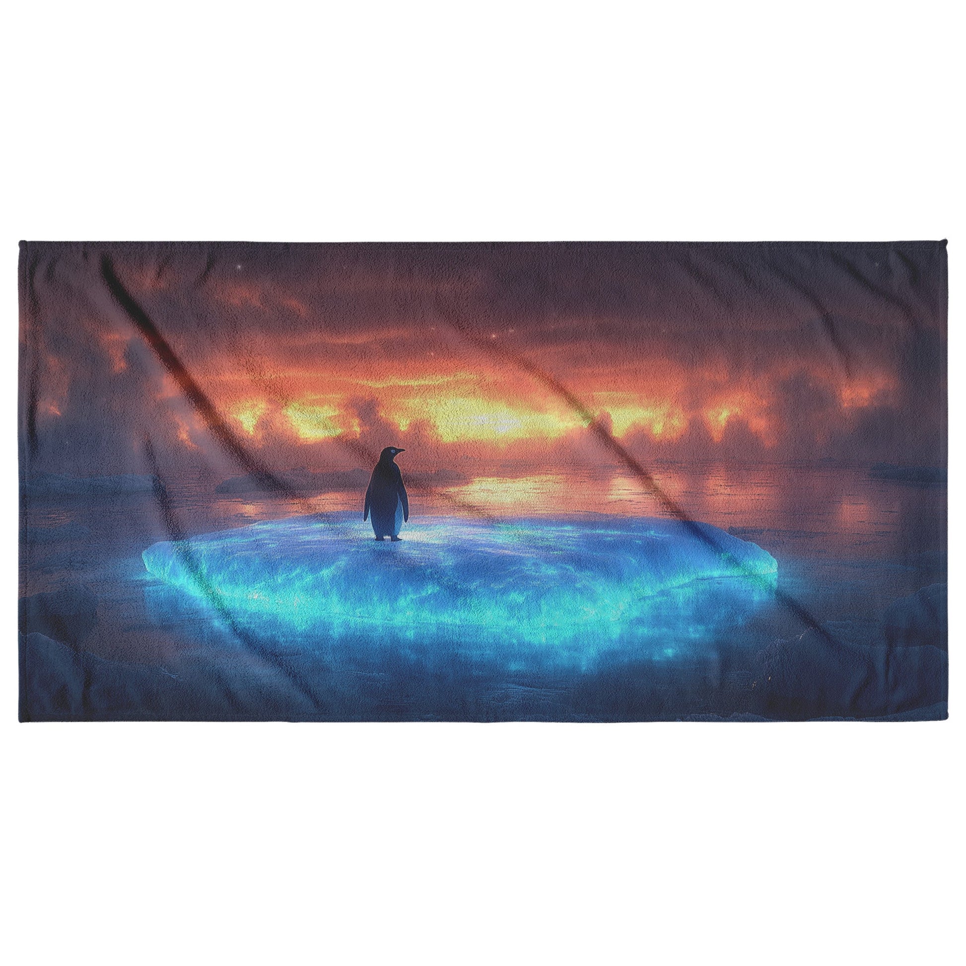 Lone Penguin Standing on Glowing Blue Iceberg Crystal Clear Arctic Water Twilight Sky Wildlife Beach Towel - Awakening Righteousness