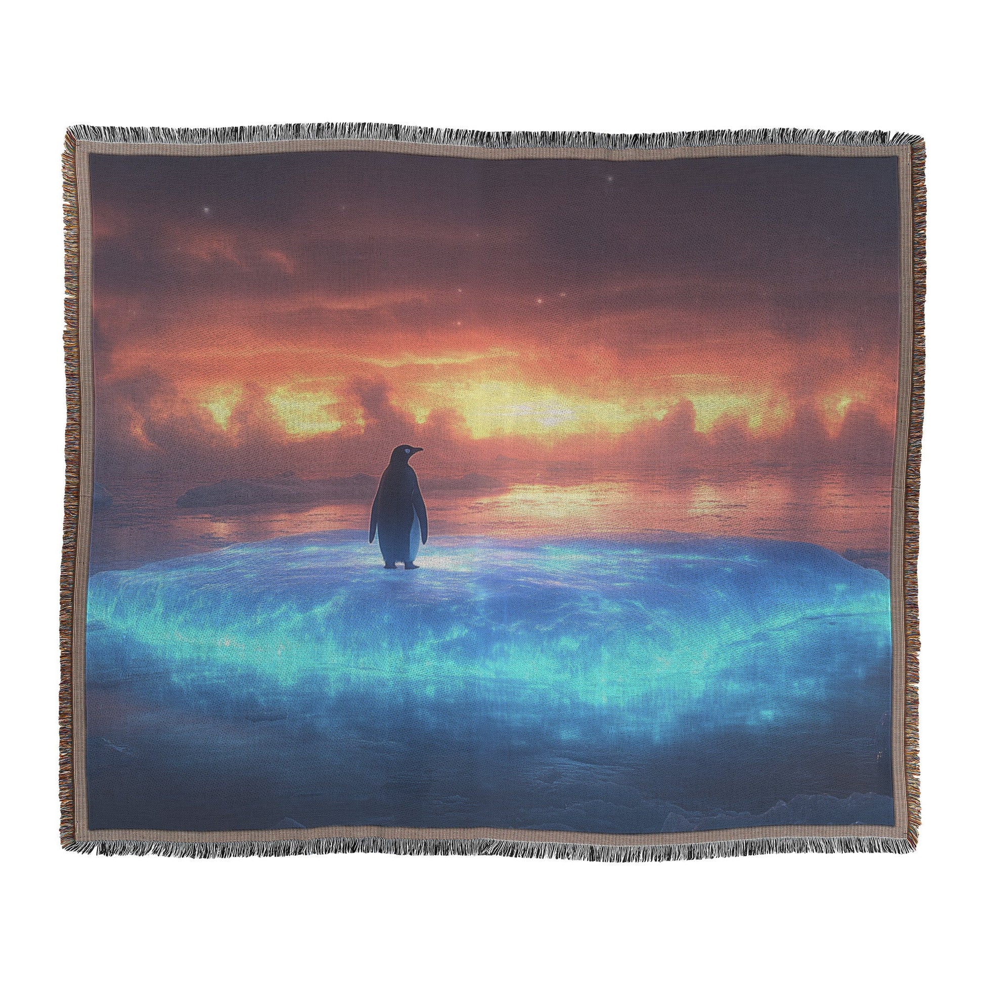 Lone Penguin Standing on Glowing Blue Iceberg Surrounded by Crystal Arctic Waters Under Twilight Sky Woven Throw Blanket - Awakening Righteousness