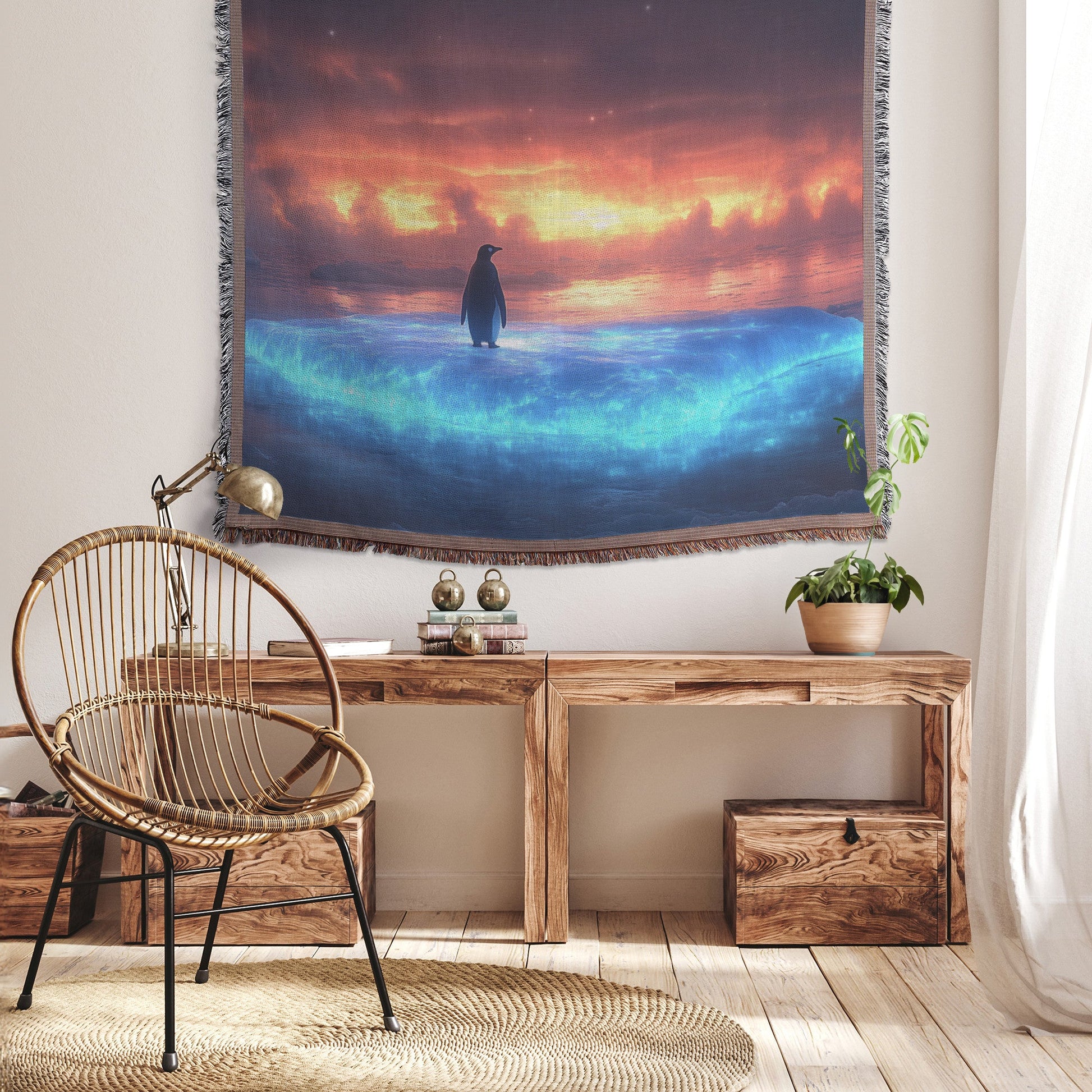 Lone Penguin Standing on Glowing Blue Iceberg Surrounded by Crystal Arctic Waters Under Twilight Sky Woven Throw Blanket - Awakening Righteousness