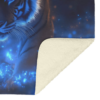 Lone Tiger in Bioluminescent Forest Sherpa Fleece Blanket Glowing Blue Plants Magical Misty Wildlife Scene - Awakening Righteousness