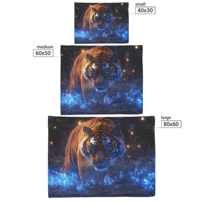 Lone Tiger in Bioluminescent Forest Sherpa Fleece Blanket Glowing Blue Plants Magical Misty Wildlife Scene - Awakening Righteousness