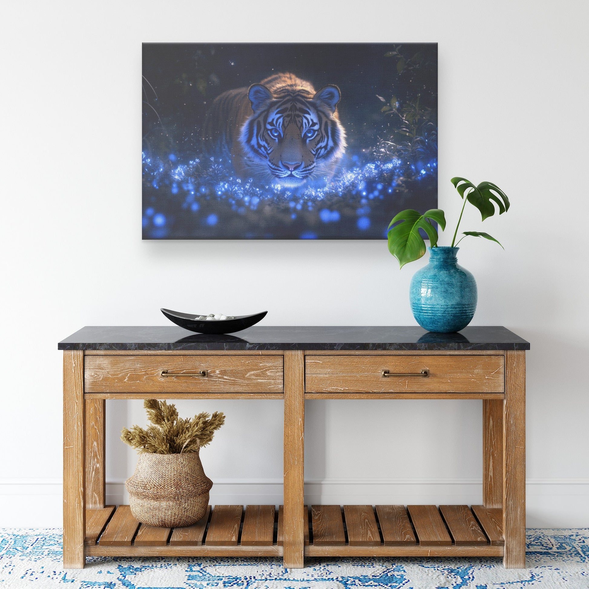Lone Tiger Standing in Bioluminescent Forest Surrounded by Glowing Blue Plants and Mist Canvas Wall Art - Awakening Righteousness