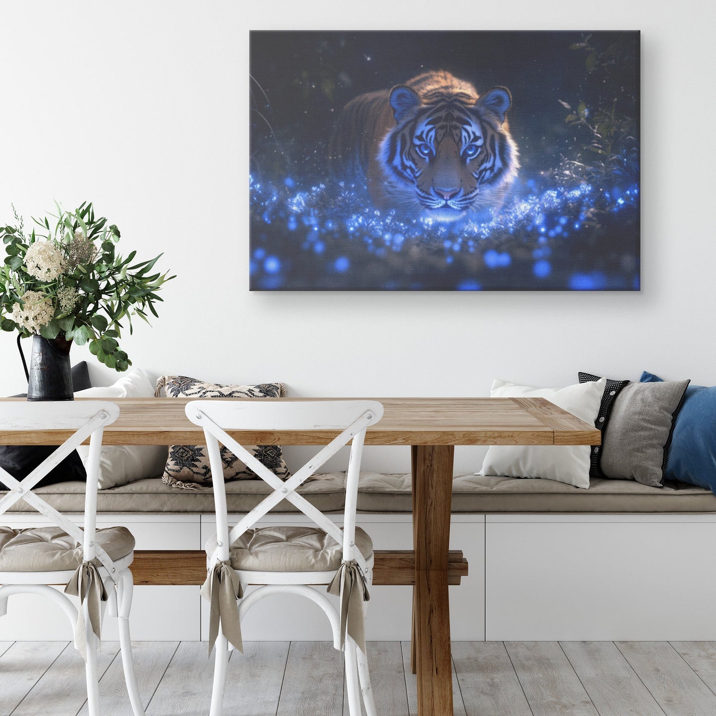 Lone Tiger Standing in Bioluminescent Forest Surrounded by Glowing Blue Plants and Mist Canvas Wall Art - Awakening Righteousness