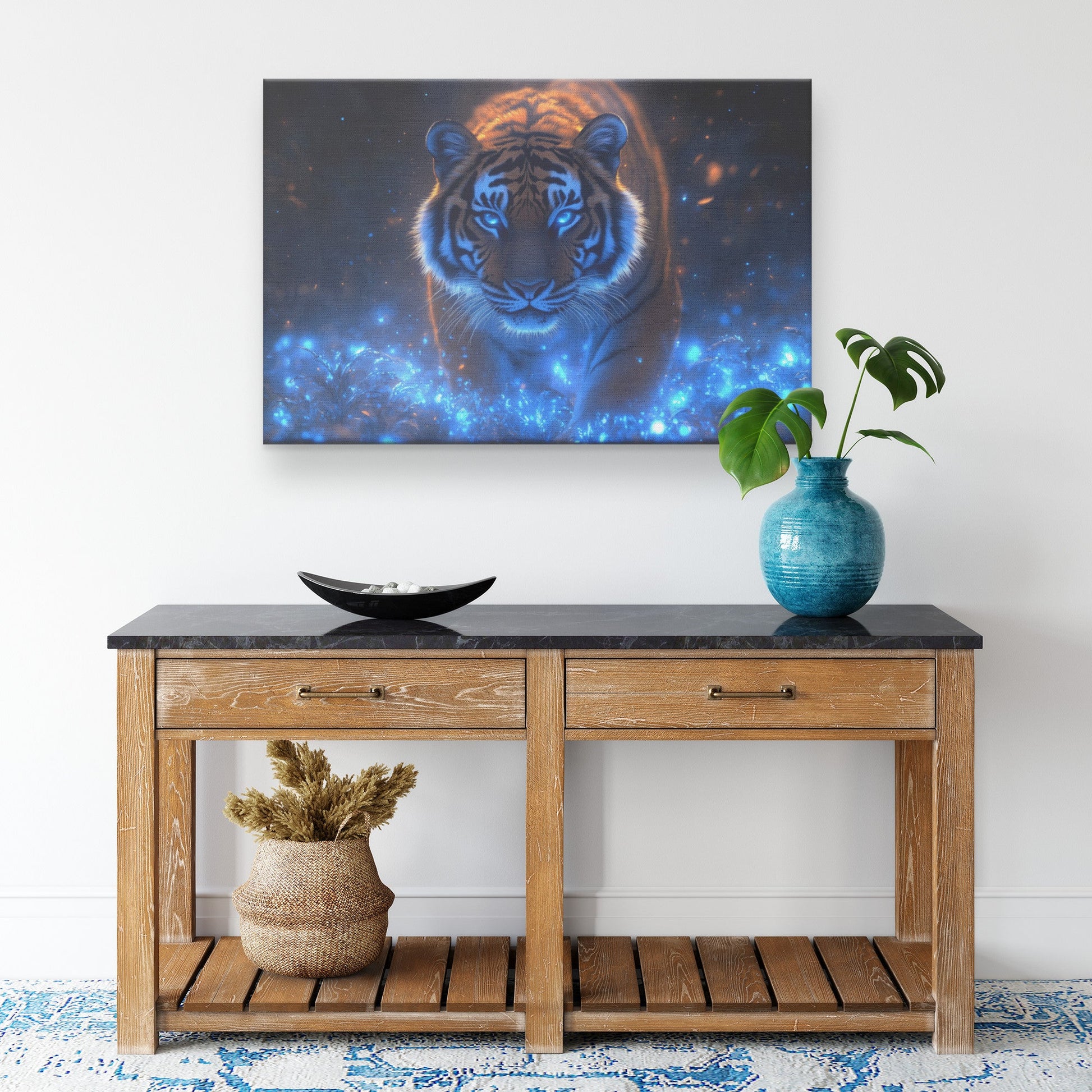 Lone Tiger Standing in Bioluminescent Forest Surrounded by Glowing Blue Plants and Mist Canvas Wall Art - Awakening Righteousness