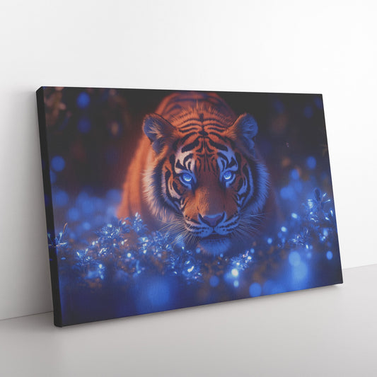 Lone Tiger Standing in Bioluminescent Forest Surrounded by Glowing Blue Plants and Mist Canvas Wall Art - Awakening Righteousness