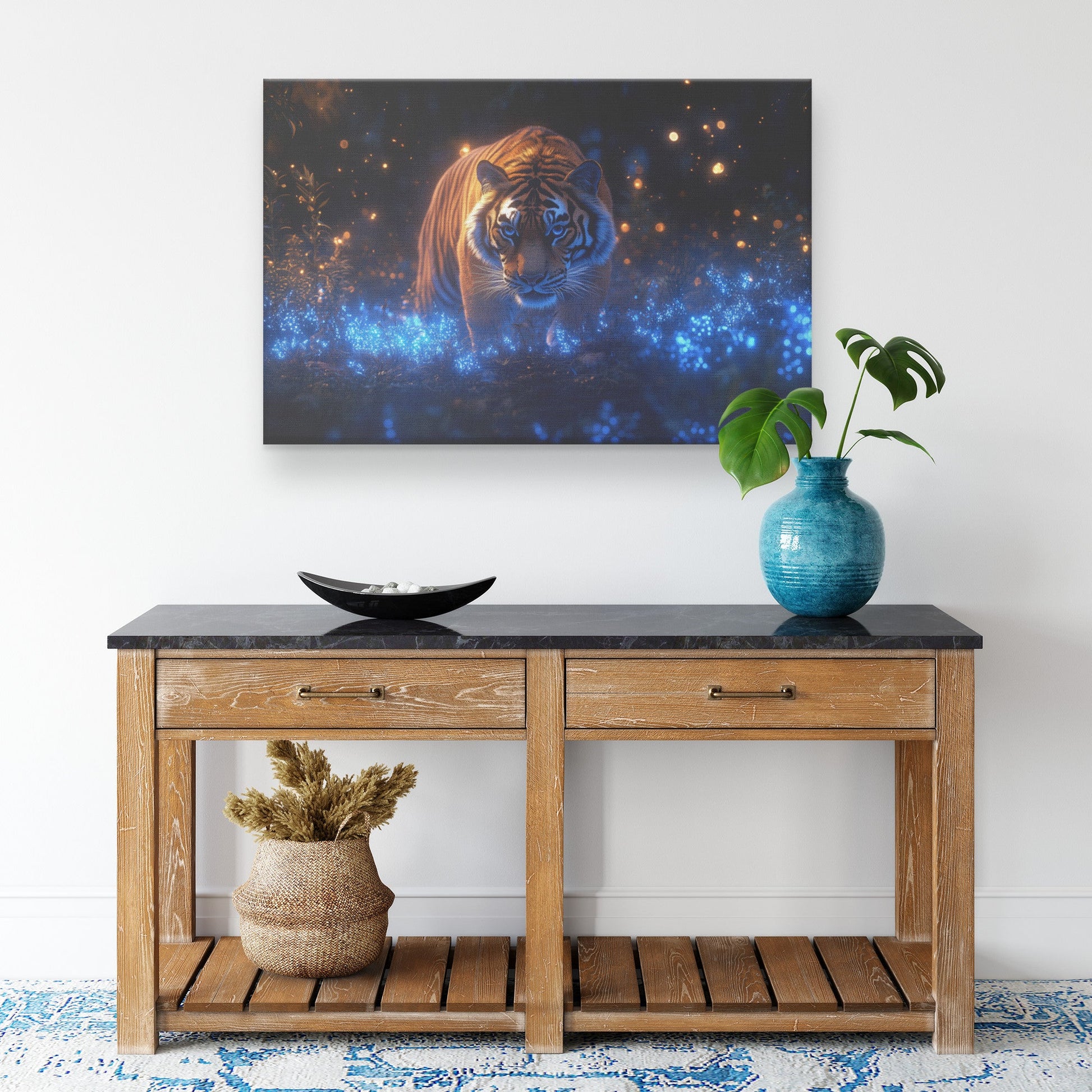 Lone Tiger Standing in Bioluminescent Forest Surrounded by Glowing Blue Plants and Mist Canvas Wall Art - Awakening Righteousness