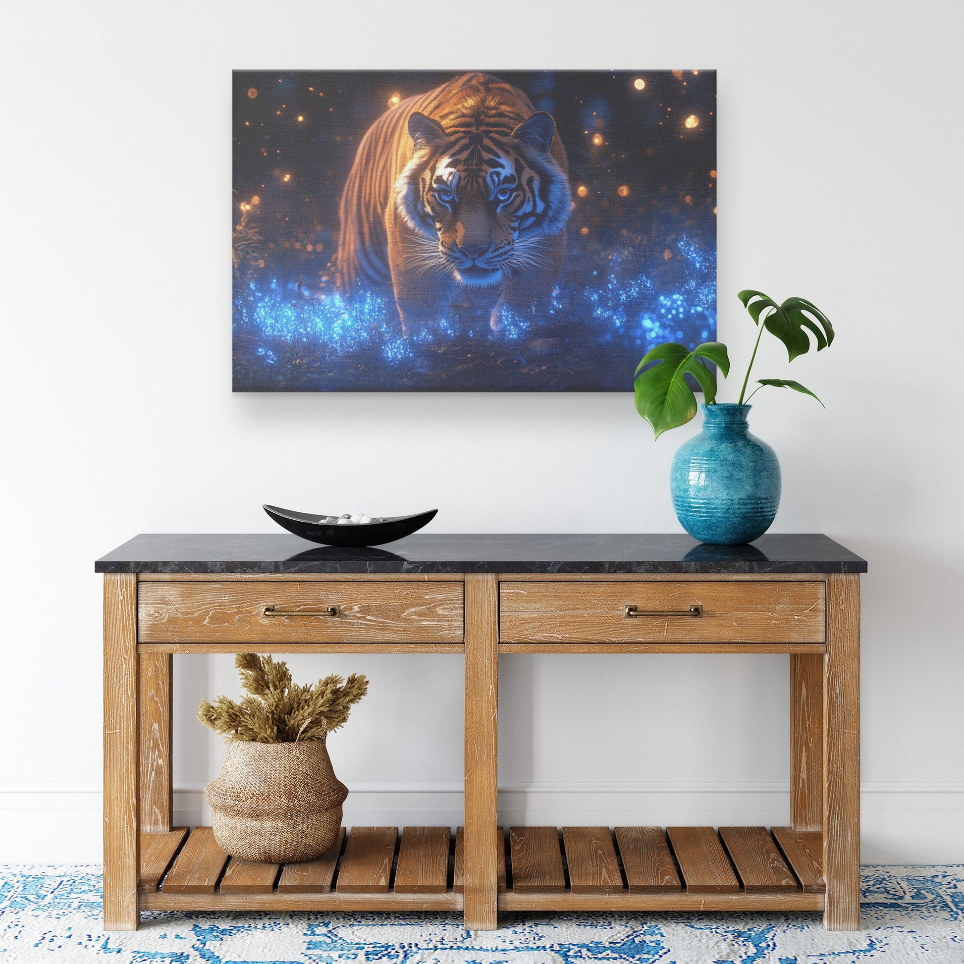 Lone Tiger Standing in Bioluminescent Forest Surrounded by Glowing Blue Plants and Mist Canvas Wall Art - Awakening Righteousness