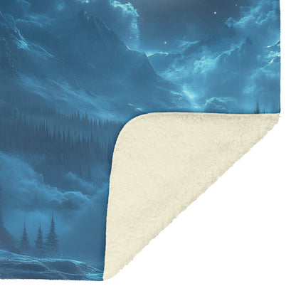 Lone Wolf Howling at Glowing Full Moon on Snowy Mountain Peak with Soft Silver Highlights Cozy Sherpa Blanket - Awakening Righteousness