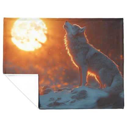 Lone Wolf Howling at Glowing Full Moon on Snowy Mountain Peak with Soft Silver Highlights Cozy Sherpa Blanket - Awakening Righteousness