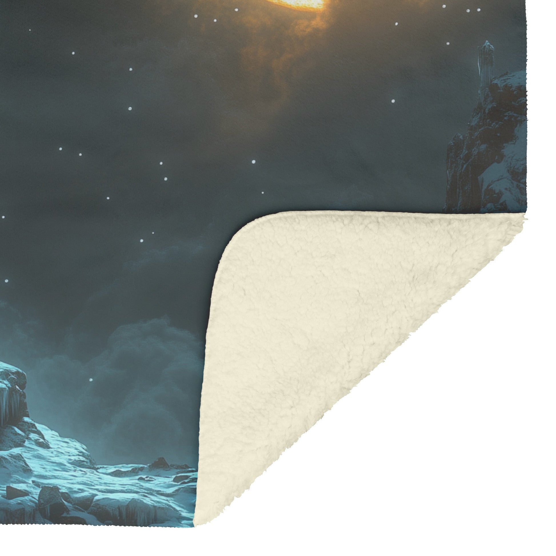 Lone Wolf Howling at Glowing Full Moon on Snowy Mountain Peak with Soft Silver Highlights Cozy Sherpa Blanket - Awakening Righteousness