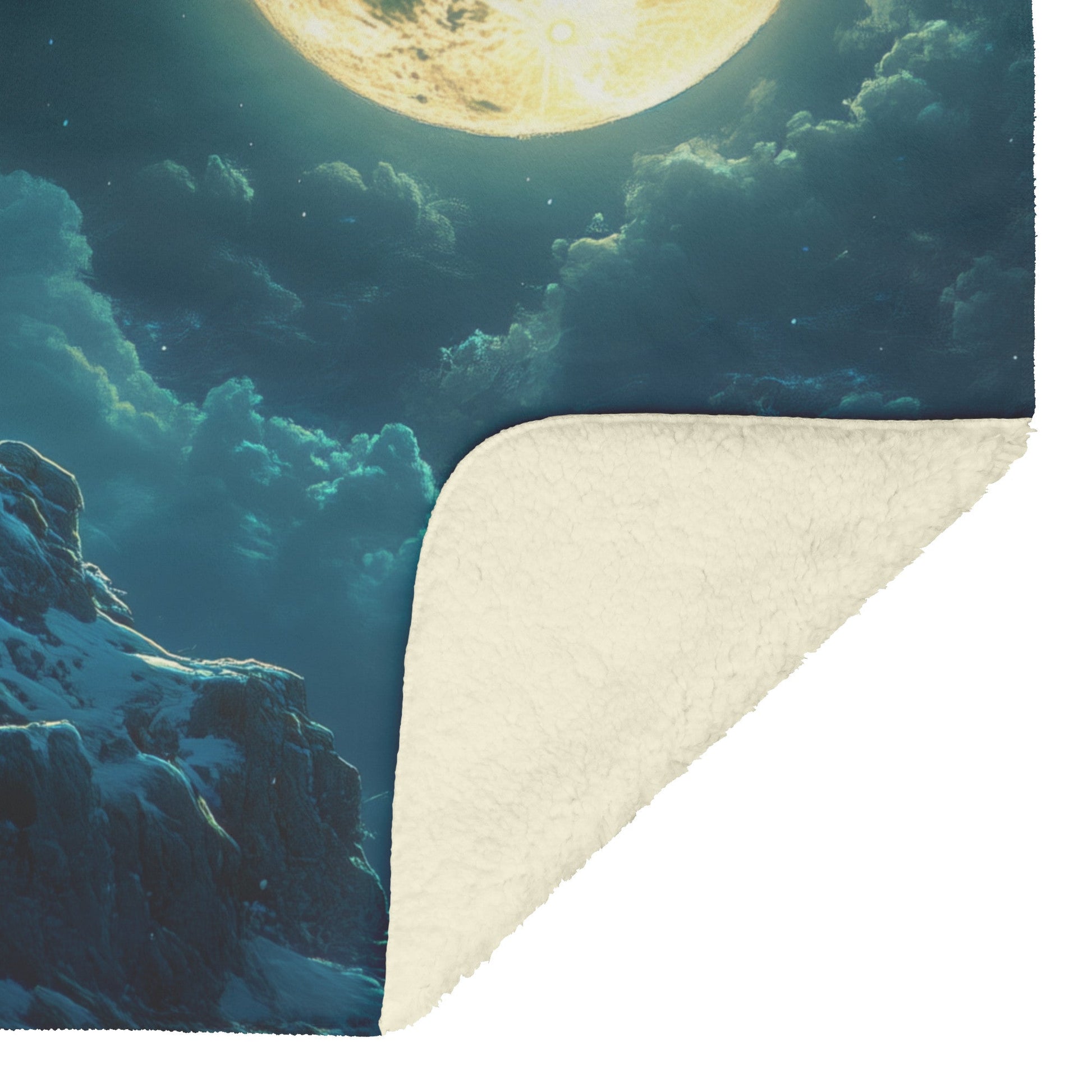 Lone Wolf Howling at Glowing Full Moon on Snowy Mountain Peak with Soft Silver Highlights Cozy Sherpa Blanket - Awakening Righteousness