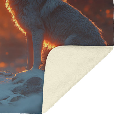 Lone Wolf Howling at Glowing Full Moon on Snowy Mountain Peak with Soft Silver Highlights Cozy Sherpa Blanket - Awakening Righteousness