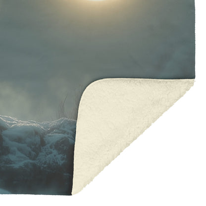 Lone Wolf Howling at Glowing Full Moon on Snowy Mountain Peak with Soft Silver Highlights Cozy Sherpa Blanket - Awakening Righteousness