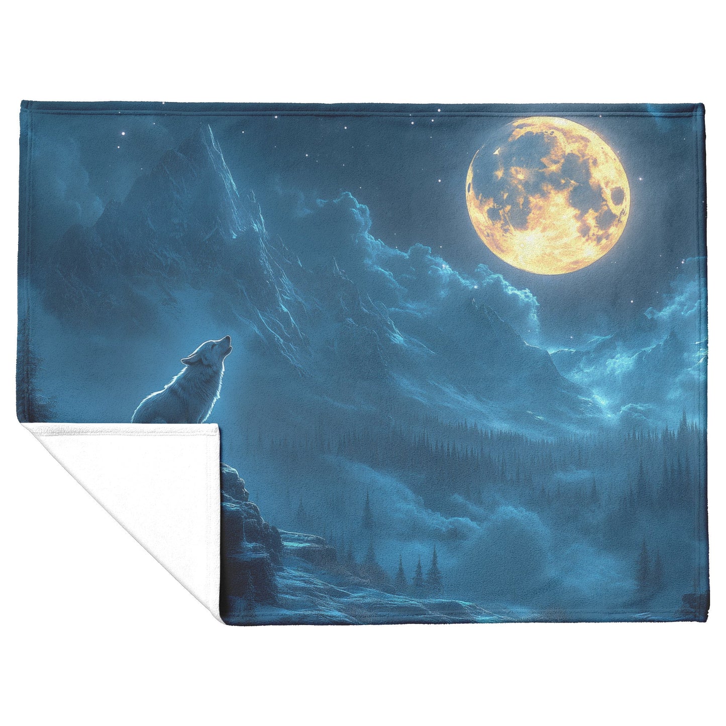 Lone Wolf Howling at Glowing Full Moon on Snowy Mountain Peak with Soft Silver Highlights Cozy Sherpa Blanket - Awakening Righteousness