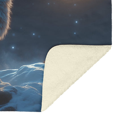 Lone Wolf Howling at Glowing Full Moon on Snowy Mountain Peak with Soft Silver Highlights Cozy Sherpa Blanket - Awakening Righteousness