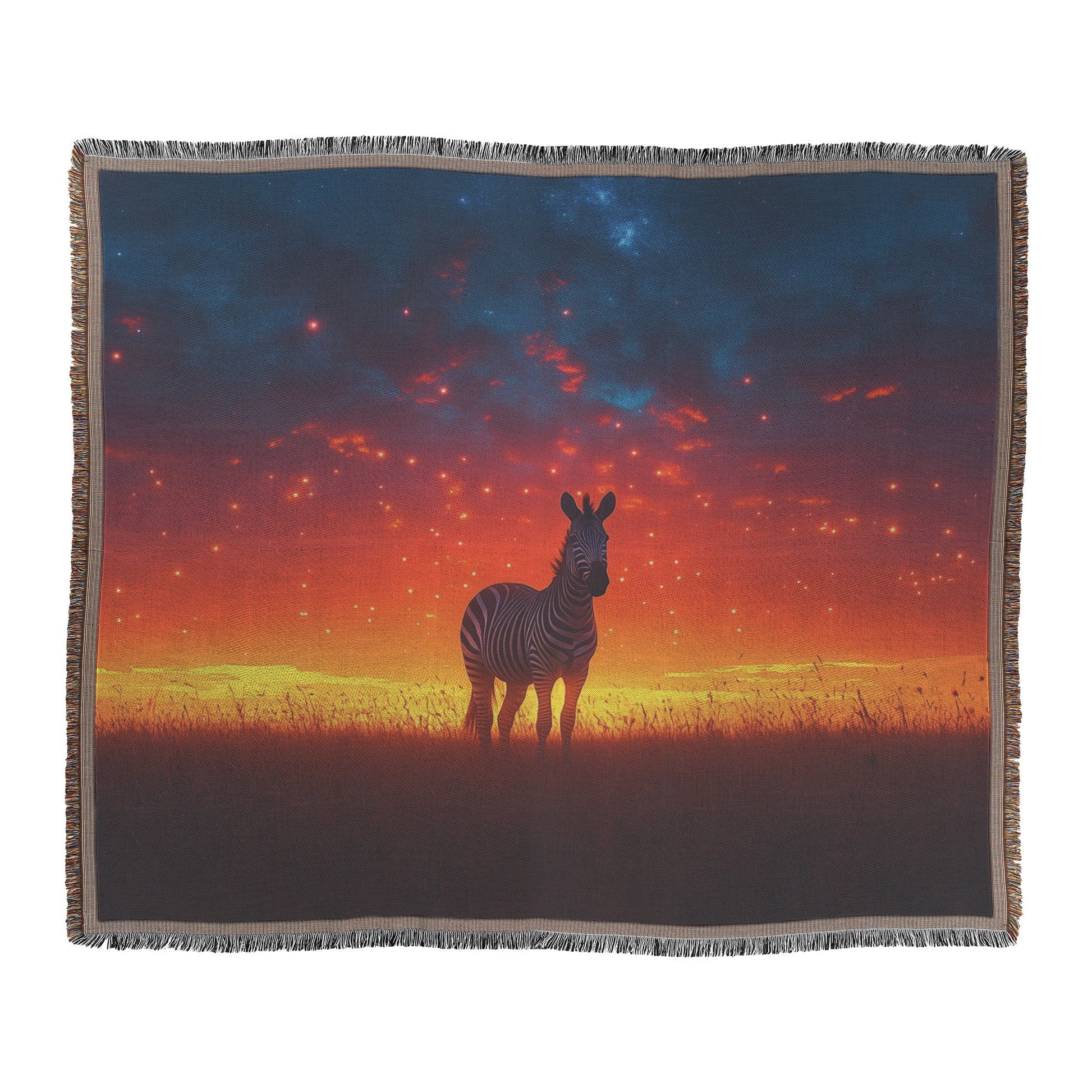 Lone Zebra Under Vibrant Twilight Sky with Glowing Stars in Peaceful Savanna Woven Throw Blanket - Awakening Righteousness