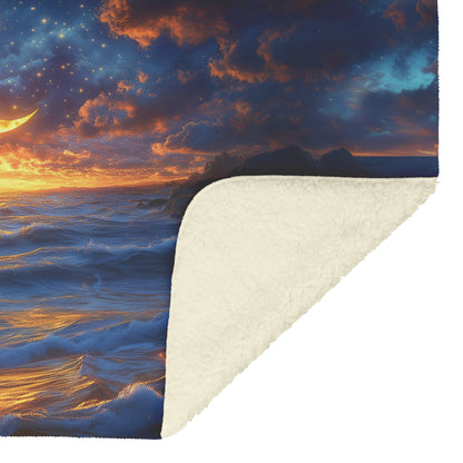 Luminous Sun Embracing Radiant Crescent Moon Golden Stars Twilight Skies Surreal Landscapes Fleece Sherpa Blanket - Awakening Righteousness