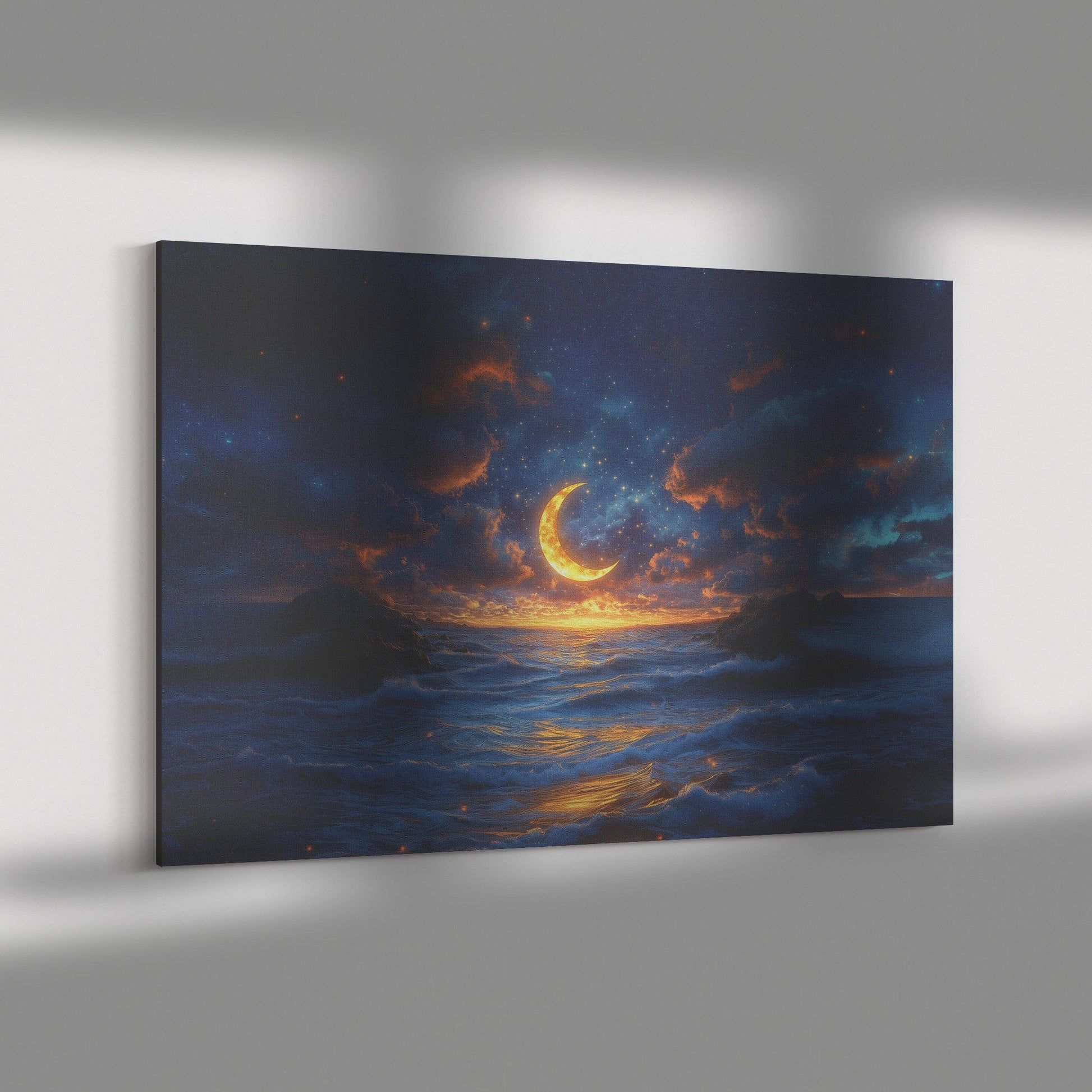 Luminous Sun Embracing Radiant Crescent Moon Golden Stars Twilight Skies Surreal Natural Landscape Canvas Art - Awakening Righteousness
