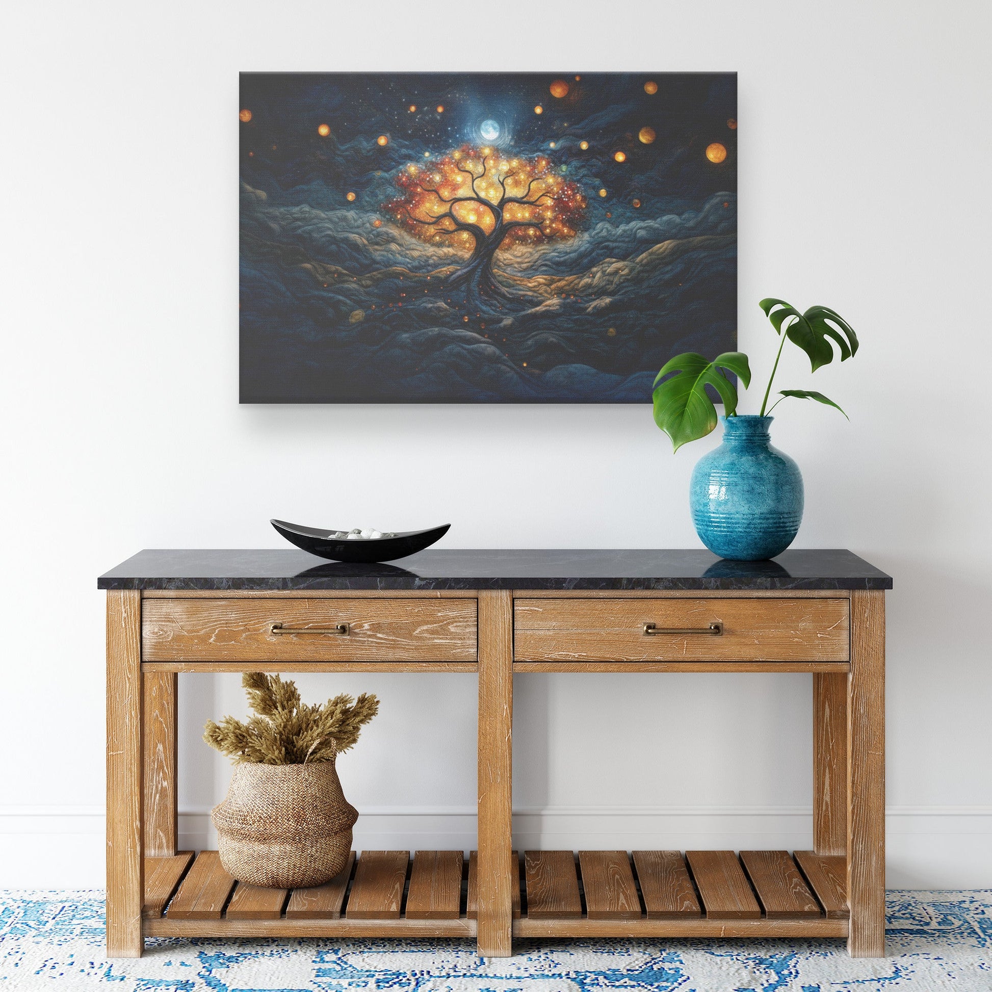 Luminous Tree of Life Canvas Art Radiant Moonlit Scene with Glowing Orbs in a Dreamlike Night Sky - Awakening Righteousness