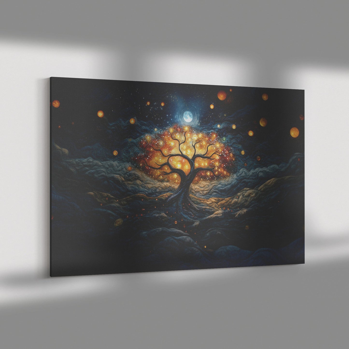 Luminous Tree of Life Canvas Art Radiant Moonlit Scene with Glowing Orbs in a Dreamlike Night Sky - Awakening Righteousness