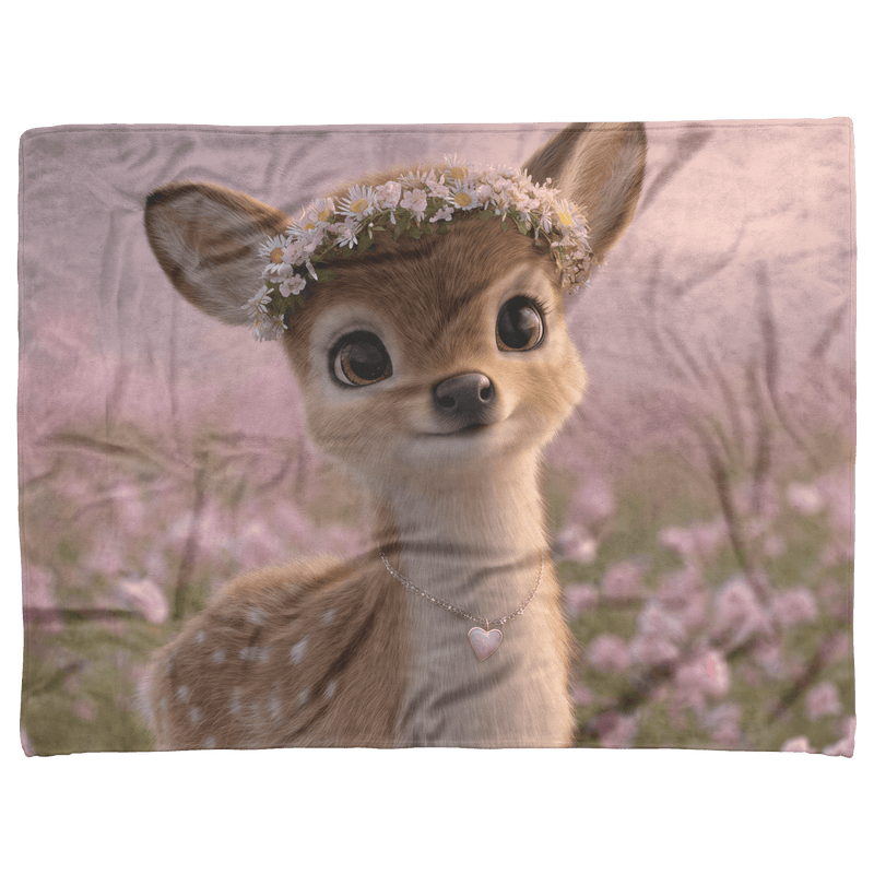 Magical Baby Deer Wearing Flower Crown Heart Necklace Standing in Dreamy Rose Field Blue Eyes Photorealistic High Resolution Sherpa Fleece Blanket - Awakening Aesthetics