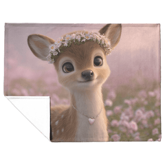 Magical Baby Deer Wearing Flower Crown Heart Necklace Standing in Dreamy Rose Field Blue Eyes Photorealistic High Resolution Sherpa Fleece Blanket - Awakening Aesthetics