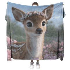 Magical Baby Deer Wearing Flower Crown Heart Necklace Standing in Dreamy Rose Field Blue Eyes Photorealistic High Resolution Sherpa Fleece Blanket - Awakening Aesthetics