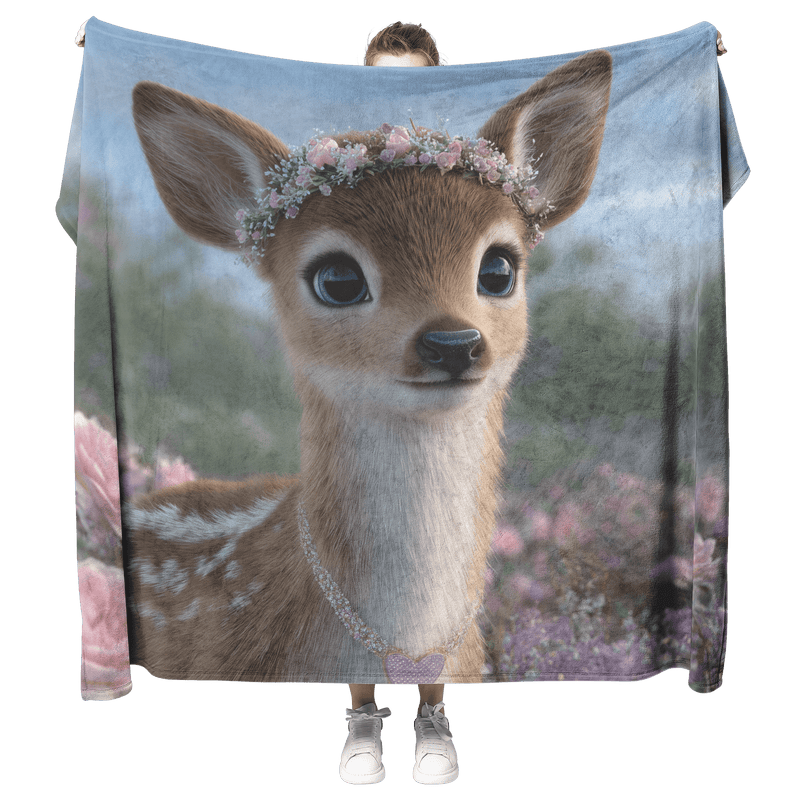 Magical Baby Deer Wearing Flower Crown Heart Necklace Standing in Dreamy Rose Field Blue Eyes Photorealistic High Resolution Sherpa Fleece Blanket - Awakening Aesthetics