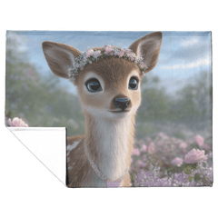 Magical Baby Deer Wearing Flower Crown Heart Necklace Standing in Dreamy Rose Field Blue Eyes Photorealistic High Resolution Sherpa Fleece Blanket - Awakening Aesthetics