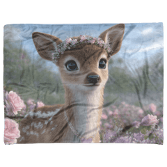 Magical Baby Deer Wearing Flower Crown Heart Necklace Standing in Dreamy Rose Field Blue Eyes Photorealistic High Resolution Sherpa Fleece Blanket - Awakening Aesthetics