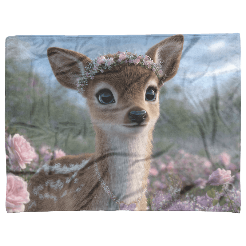 Magical Baby Deer Wearing Flower Crown Heart Necklace Standing in Dreamy Rose Field Blue Eyes Photorealistic High Resolution Sherpa Fleece Blanket - Awakening Aesthetics