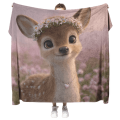 Magical Baby Deer Wearing Flower Crown Heart Necklace Standing in Dreamy Rose Field Blue Eyes Photorealistic High Resolution Sherpa Fleece Blanket - Awakening Aesthetics