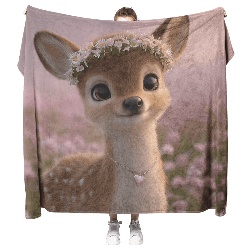 Magical Baby Deer Wearing Flower Crown Heart Necklace Standing in Dreamy Rose Field Blue Eyes Photorealistic High Resolution Sherpa Fleece Blanket - Awakening Aesthetics