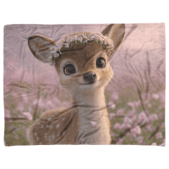 Magical Baby Deer Wearing Flower Crown Heart Necklace Standing in Dreamy Rose Field Blue Eyes Photorealistic High Resolution Sherpa Fleece Blanket - Awakening Aesthetics
