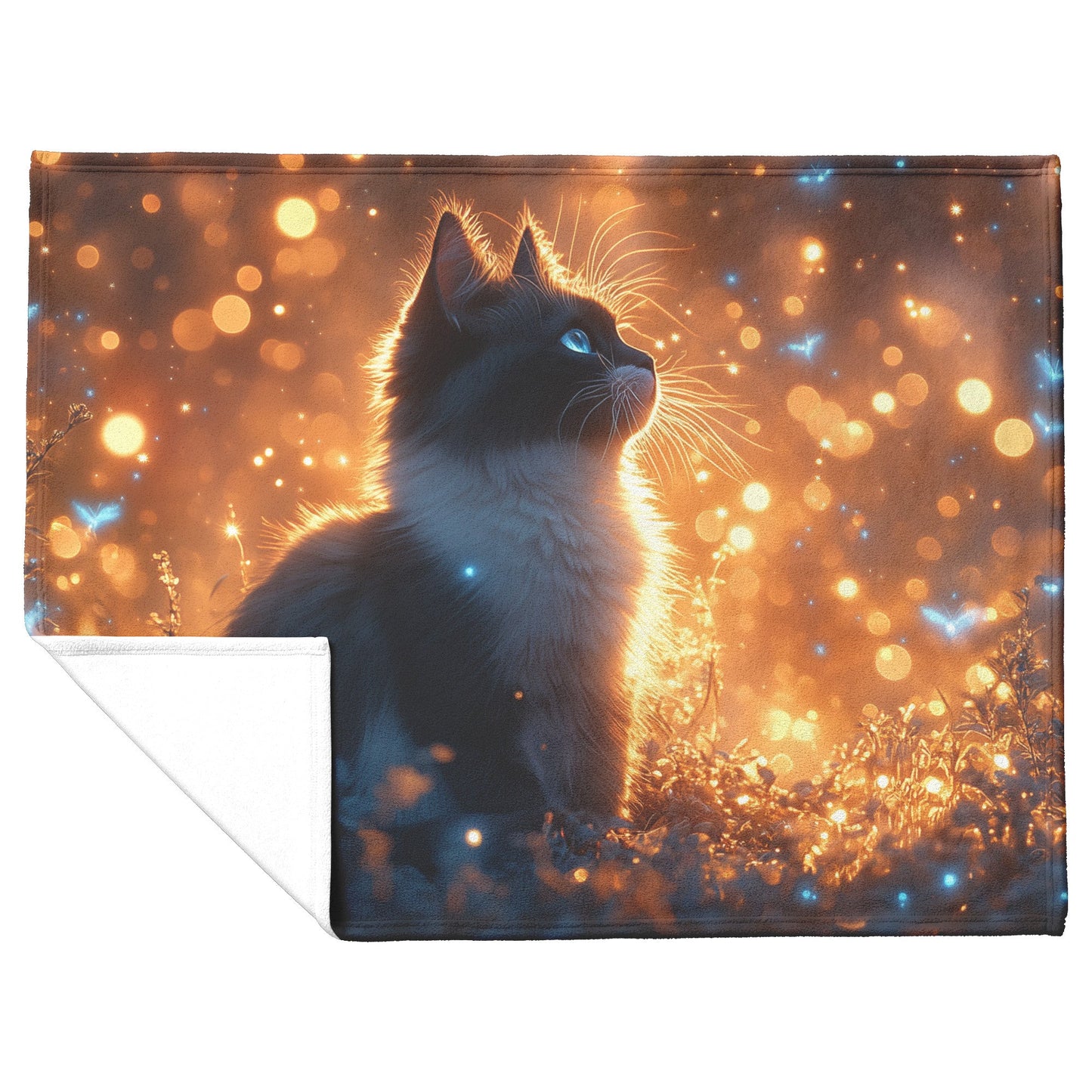 Magical Glowing Cat on Stone Altar with Bioluminescent Flowers in Ethereal Nighttime Forest Fleece Sherpa Blanket - Awakening Righteousness