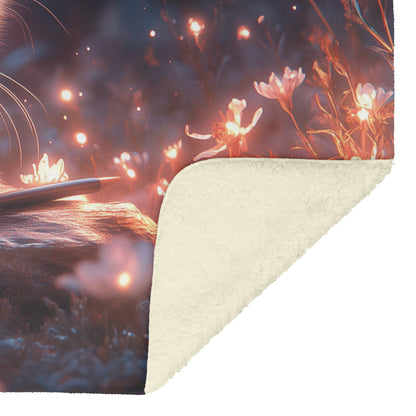 Magical Glowing Cat on Stone Altar with Bioluminescent Flowers in Ethereal Nighttime Forest Fleece Sherpa Blanket - Awakening Righteousness