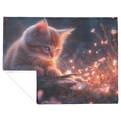 Magical Glowing Cat on Stone Altar with Bioluminescent Flowers in Ethereal Nighttime Forest Fleece Sherpa Blanket - Awakening Righteousness