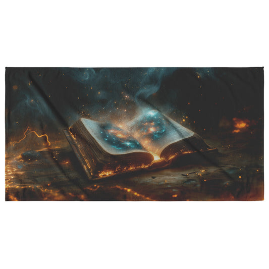 Magical Open Bible Beach Towel with Glowing Galaxy and Cosmic Elements for Faithful Inspiration - Awakening Righteousness