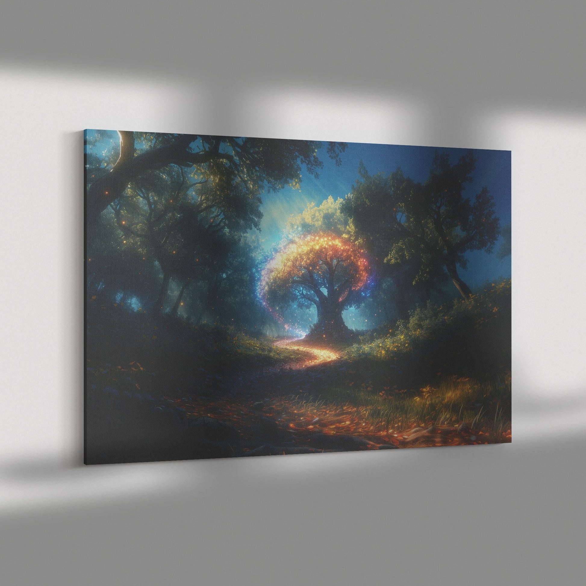 Magical Rainbow Around Glowing Crystal Tree Mystical Forest Enchanted Plants Radiant Energy Canvas Wall Art - Awakening Righteousness