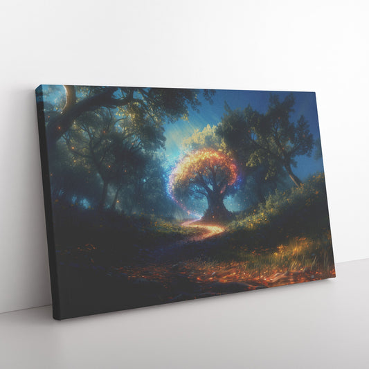 Magical Rainbow Around Glowing Crystal Tree Mystical Forest Enchanted Plants Radiant Energy Canvas Wall Art - Awakening Righteousness